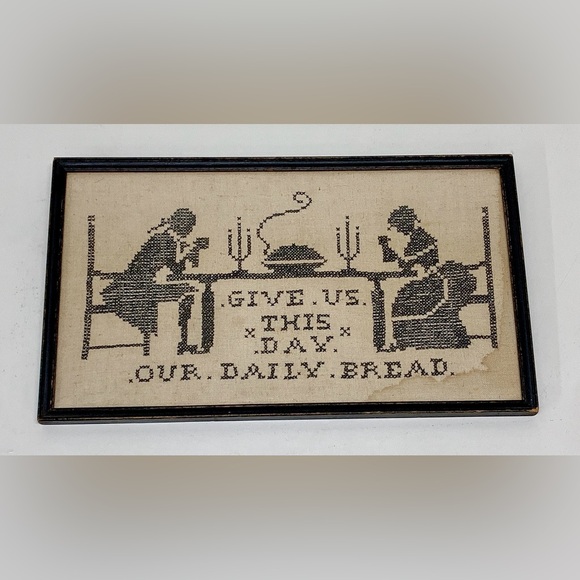 Antique Black Wooden Framed Give Us This Day Our Daily Bread Handmade Sampler - Picture 8 of 13